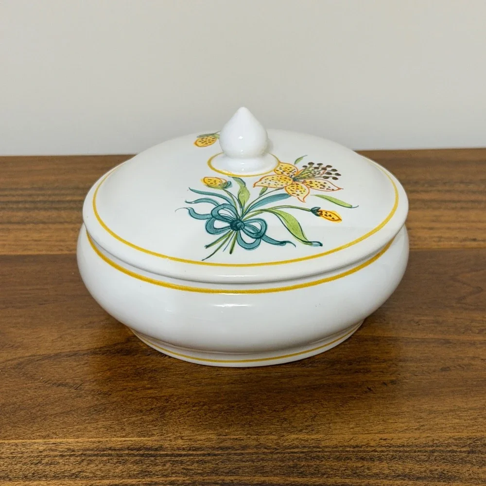 Pivato Nove Italy Pair Ceramic Lidded Vanity Jars Canisters Yellow Floral
